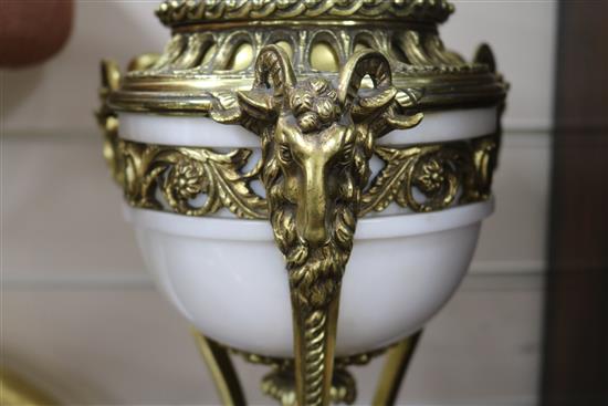 A pair of Louis XVI style white marble and gilt metal cassolettes, height 44.5cm